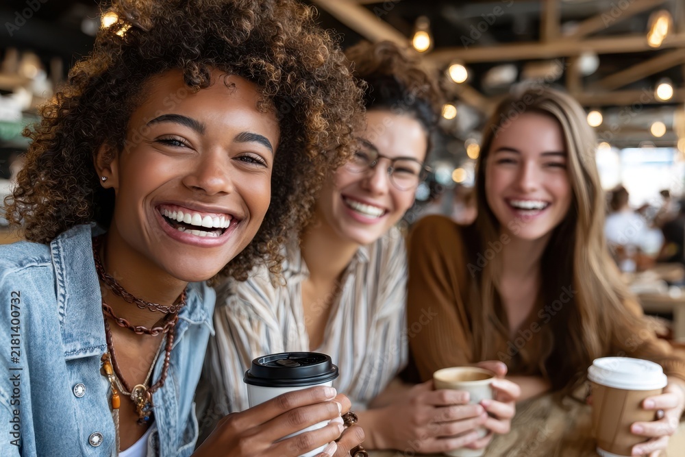 Obraz premium Friends enjoying coffee together in a cozy caf on a lively afternoon