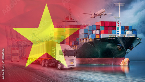 Foto The Vietnam flag, cargo trucks, container ships loaded with goods, and commercial airplanes; transportation in the Vietnam import, export trade and supply chain; delivery, distribution