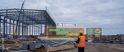 construction manager holds glowing project timeline interface above tablet to confirm schedule progress, verify budget tracking percentage, track safety compliance status, and manage building site