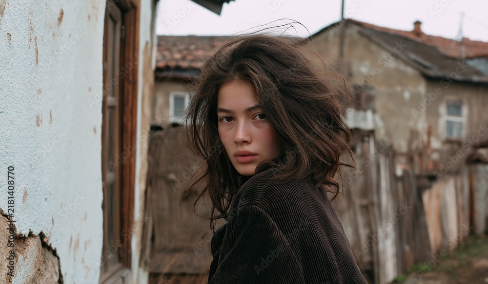 Fototapeta premium Woman Portrait in Rustic Village with Moody Overcast Sky