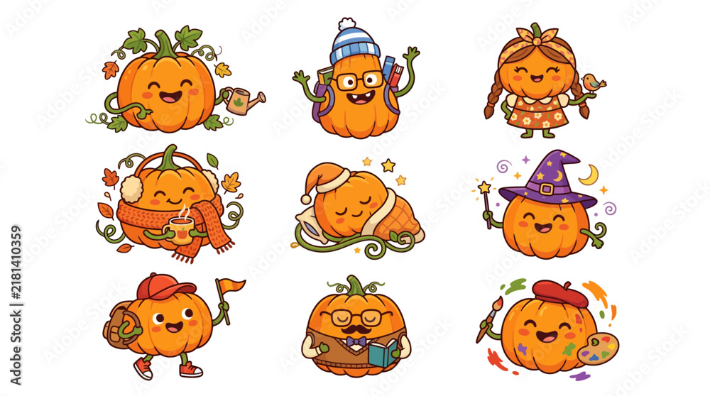 Fototapeta premium Set of cute pumpkin characters with different personalities and costumes for Halloween.