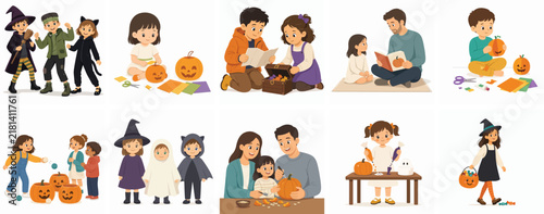 Vector of children's Halloween activities. Vector, flat, minimalist, illustration