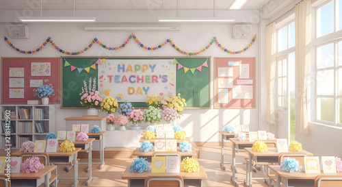 Bright classroom interior decorated for happy teachers day celebration with floral arrangements and student artwork