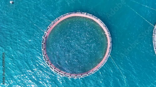 Aerial view of a sea fish farm with circular cages in Corfu