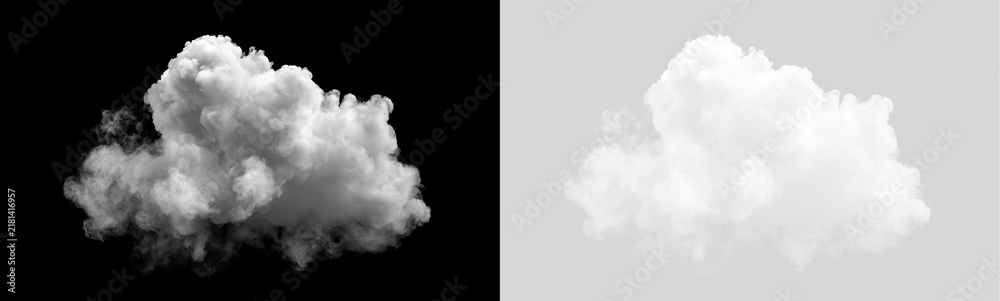 Naklejka premium Dense white storm cloud isolated on transparent and black background. Realistic cumulus smoke element cutout for weather and sky effects