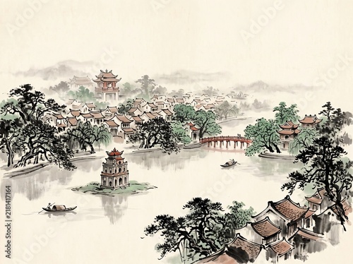 Grand poetic panorama of historic Hanoi combining Hoan Kiem Lake, Turtle Tower, ancient trees, traditional rooftops, elegant minimalist traditional Vietnamese xieyi sumi-e ink wash painting