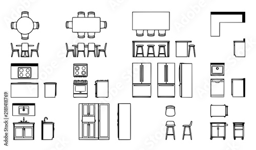 Kitchen Layout Furniture Appliance Top Side View Black White Vector