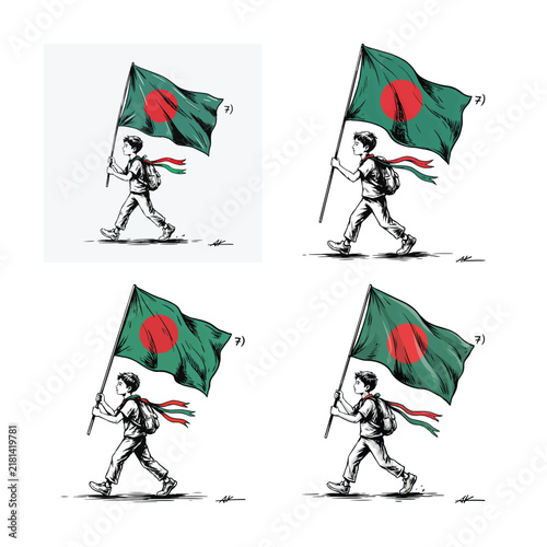 A young boy proudly carrying the vibrant national flag of Bangladesh, walking with purpose and determination, showcasing national pride