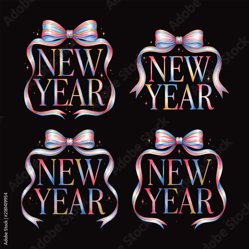 Elegant watercolor New Year typography surrounded by delicate pastel ribbons and festive decorative bows