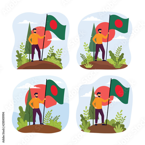Illustrated man standing proudly on a hill holding the Bangladesh flag during a beautiful sunset with lush greenery