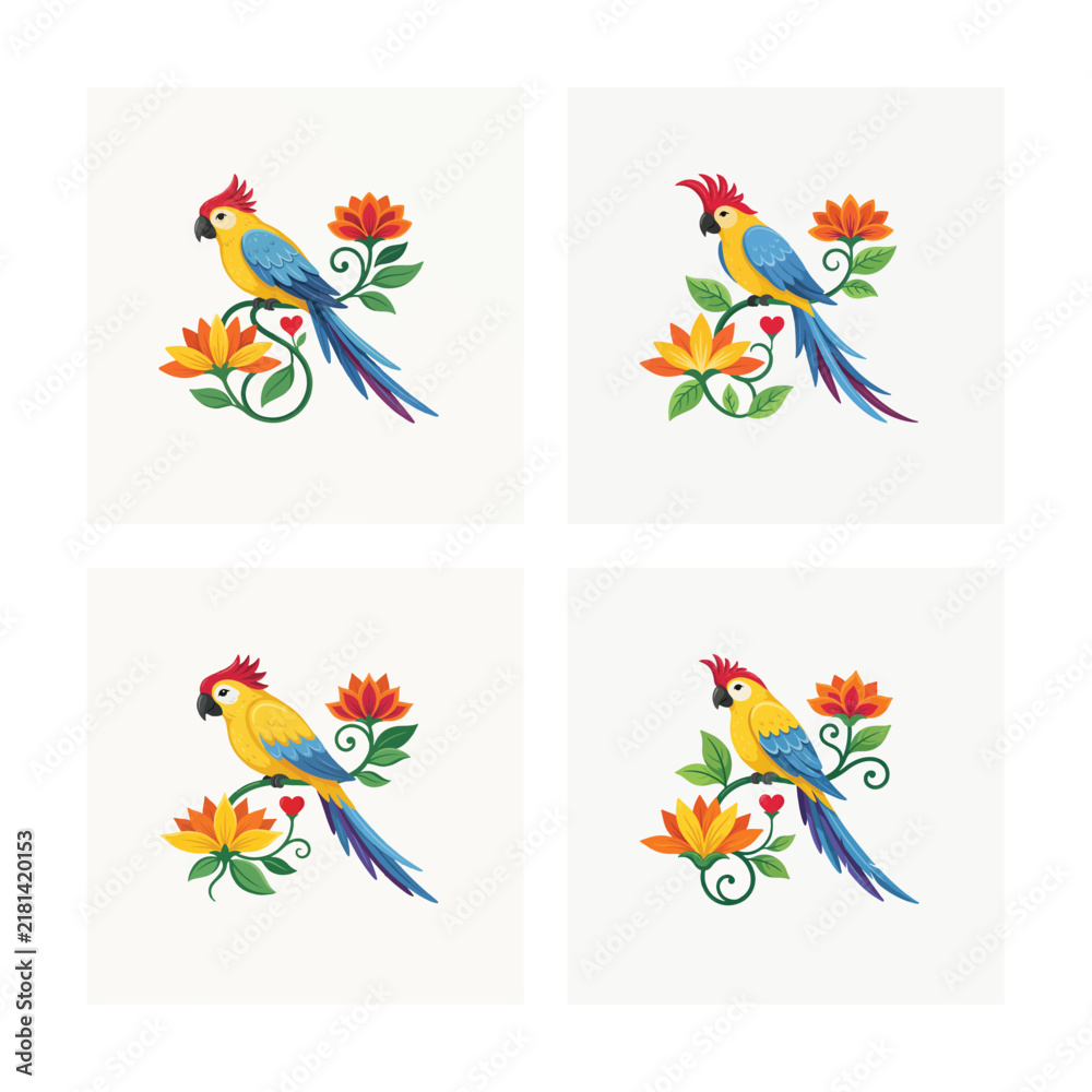 Fototapeta premium Vibrant tropical parrots perched amongst colorful blooming flowers showcasing exotic nature and beautiful avian artistry