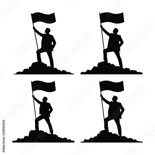 Silhouette of a triumphant businessman holding a flag standing on a rocky mountain peak symbolizing business success