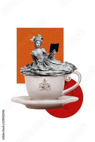 Fotografie Composite 3D photo collage design trend sketch of young lady baroque vintage ele
