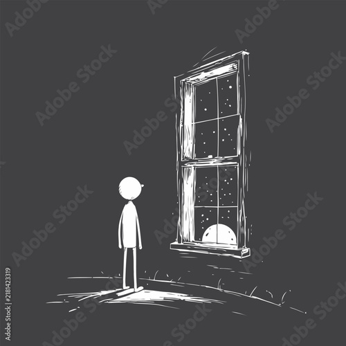 Foto A monochrome hand-drawn vector illustration of a solitary person standing in front of an old wooden window, symbolizing loneliness, solitude, isolation, reflection, and introspection
