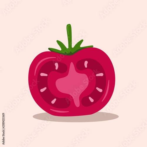 Cute Sliced Tomato Flat Illustration — Glossy Red Pink Fresh Cut Vegetable with Green Leaf on Cream Background for Food, Cooking and Healthy Lifestyle Design