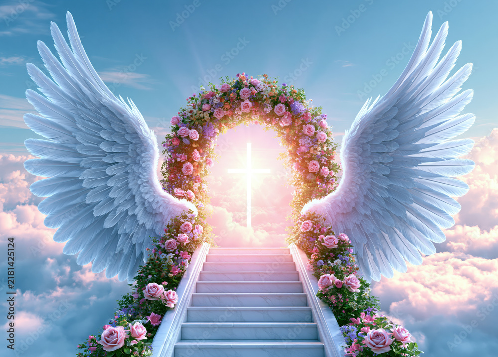Obraz premium Heaven gate above fluffy white cloud giant angel wing arch floral stairway glowing cross celestial portal pink rose bloom heavenly sky spiritual path