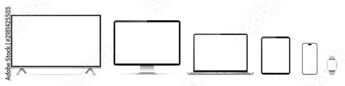 Realistic smart television screen, computer display, laptop, tablet pc, smartphone and smartwatch mockup