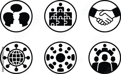 Human Interaction and Soft Skills Solid Icon Set, corporate diversity, conflict resolution, mentoring, communication, teamwork, leadership, and workplace culture vector symbols for HR management