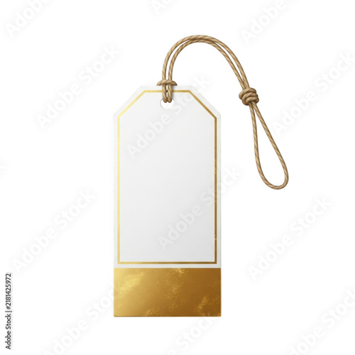 Blank paper gift tag with gold border and luxury string attachment isolated on transparent background