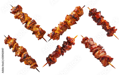 Anticuchos grilled beef meat skewer isolated on white transparent background, concept of South American barbecue cuisine