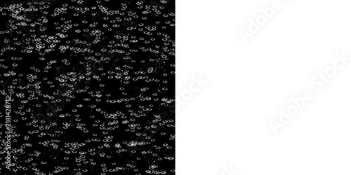 Abstract split monochrome design element featuring white water bubbles and glowing liquid droplets, perfect for fluid texture graphic overlays and modern posters.