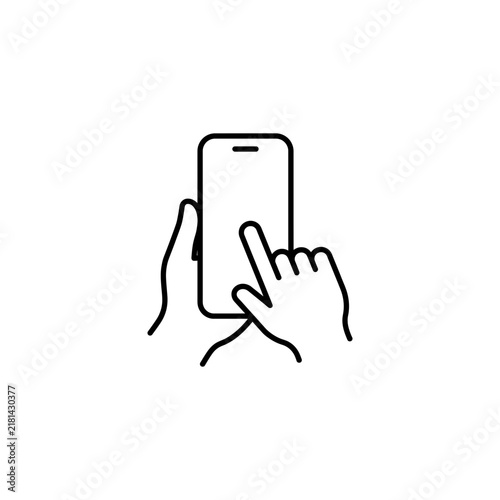 Line art illustration of a hand tapping a blank smartphone screen with smartphone technology interaction minimalist