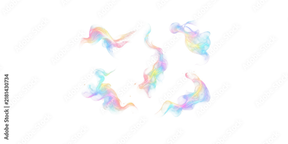 Obraz premium Holographic iridescent smoke swirls on white background. Pastel rainbow vapor clouds and ethereal fluid waves. Soft colorful mist set for creative graphic design and artistic overlays.