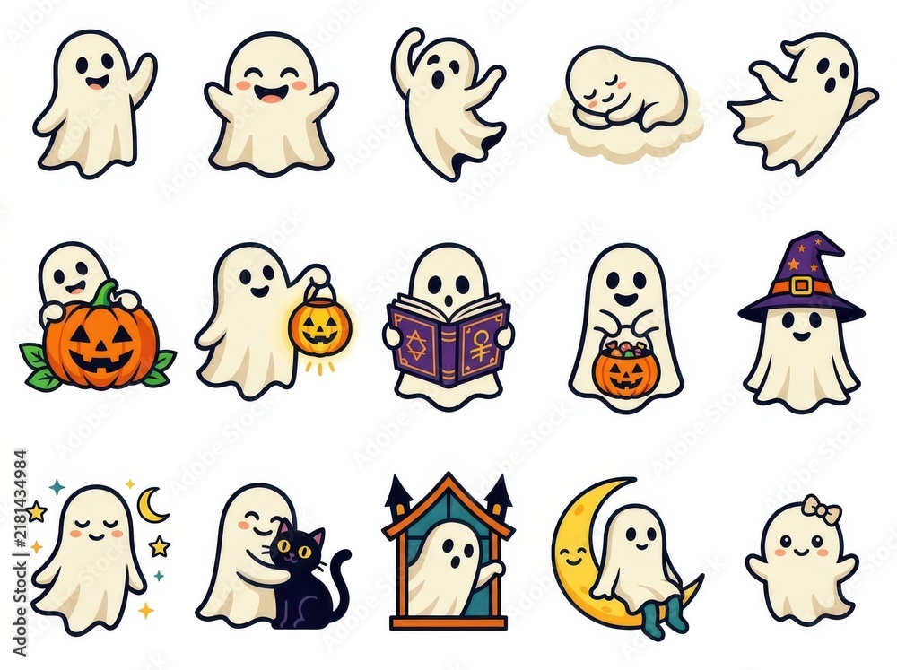 Obraz premium Set of cute cartoon ghost characters for halloween, funny spirits in various poses and activities, vector illustration isolated on white background