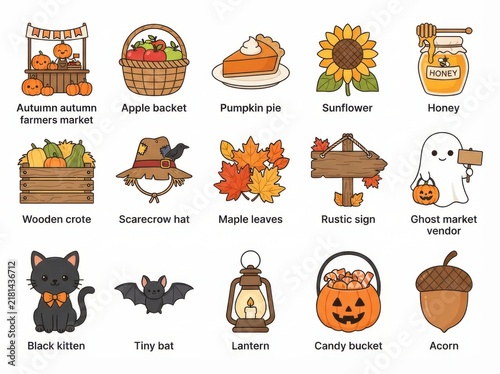 Set of cute autumn and halloween themed icons including pumpkin market, apple basket, pumpkin pie, sunflower, honey, scarecrow hat, maple leaves, ghost, black kitten, bat, lantern, and acorn