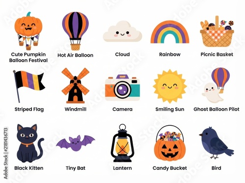 Set of cute halloween icons including pumpkin balloon, hot air balloon, cloud, rainbow, picnic basket, flag, windmill, camera, sun, ghost, black kitten, bat, lantern, candy bucket, and bird