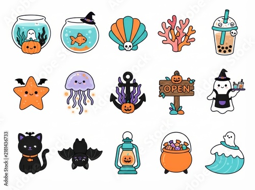Set of cute halloween and ocean themed vector stickers featuring ghosts, pumpkins, sea creatures, and spooky decorations isolated on white background