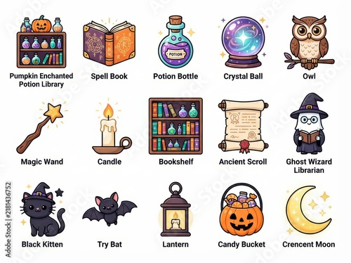 Set of cute magical halloween icons featuring a ghost wizard, black kitten, potion bottles, spell book, crystal ball, owl, bat, and festive decorations isolated on white background