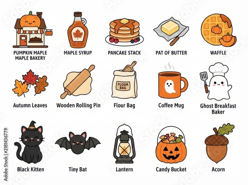 Set of cute autumn and halloween themed icons featuring a bakery, maple syrup, pancakes, waffle, leaves, rolling pin, flour, ghost baker, black kitten, bat, lantern, candy bucket, and acorn