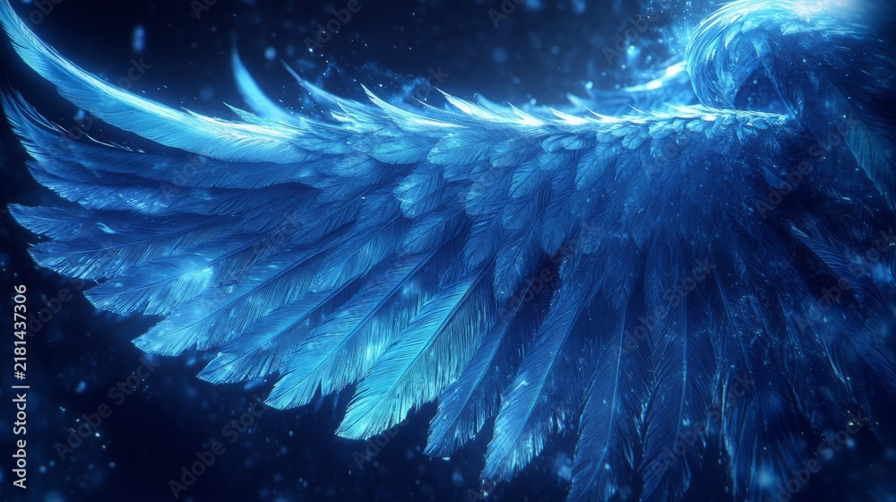 Fototapeta premium Majestic blue angel wing with glowing feathers in ethereal night sky