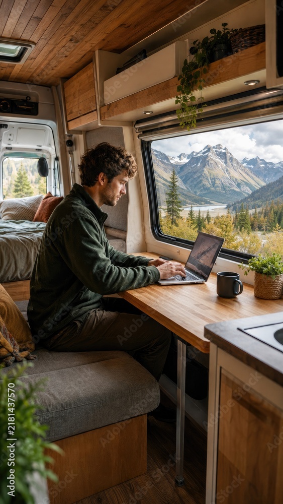 Obraz premium Man working on a laptop inside a wooden camper van with panoramic window showing mountains and lake view