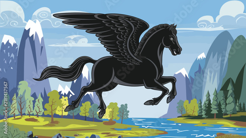 Black Pegasus Flying Above Mountain Landscape Vector Illustration.