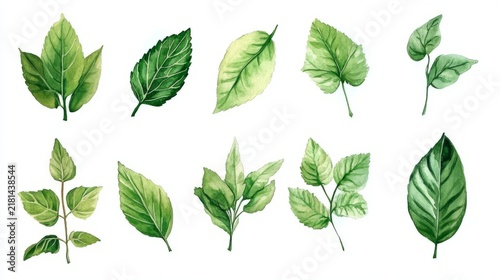 Collection of watercolor green leaves in various shapes and sizes