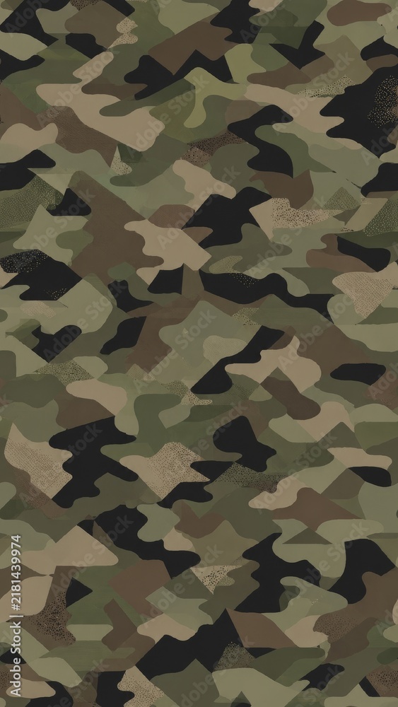 Fototapeta premium Green and brown woodland camouflage pattern with irregular blotches, textured fabric look, and muted earthy tones for tactical or outdoor use