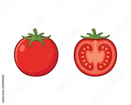 Whole and Sliced Tomato Illustration Set, Fresh Red Vegetable Food Graphic, Tomato Whole and Halved Icon Vector, Fresh Garden Produce Graphic