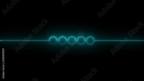 Glowing cyan neon horizontal audio equalizer wave line with circular gear nodes on a black background. Modern sci-fi sound visualization frequency element.