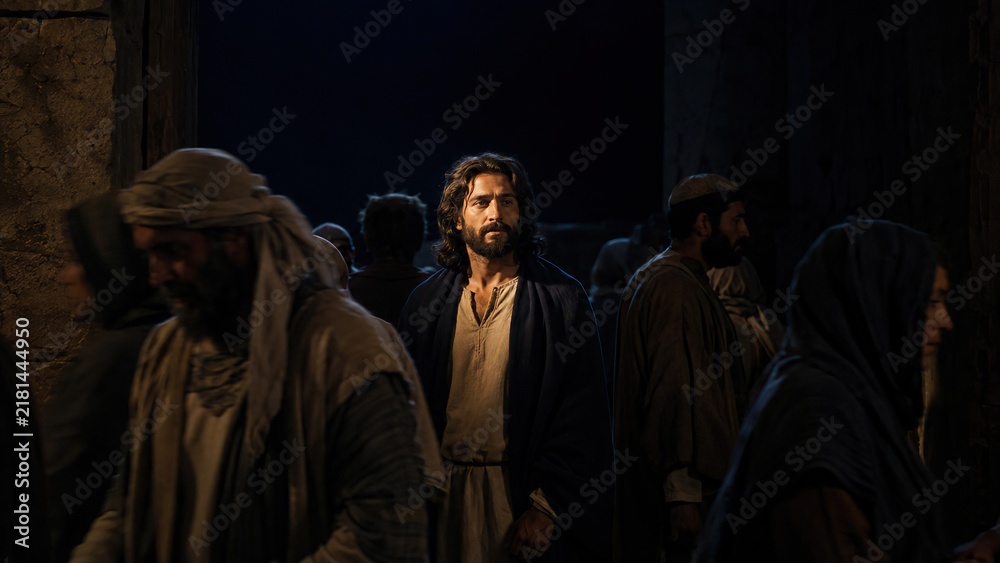 Obraz premium Jesus Christ standing among people in dark ancient street at night. Light of the world biblical scene from Gospel of John. Faith, testimony and salvation concept for Christian church and Easter