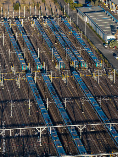 Aerial view of Sydney Metro driverless train fleet parked at the stabling sidings, featuring electrified railway tracks and modern train carriages in Tallawong, New South Wales, Australia.