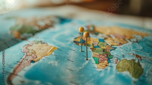 World map with highlighted destination point, travel planning concept.