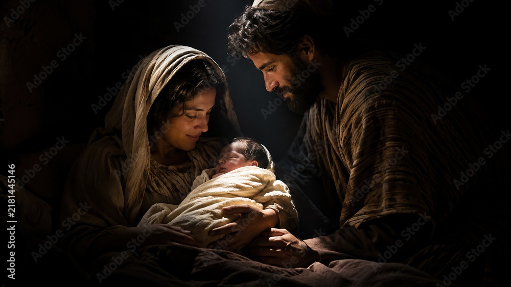 Obraz premium Woman mary and man joseph holding newborn baby jesus in dark stable with divine light. Holy family nativity scene. Birth of christ, light of the world, christian faith and christmas story concept