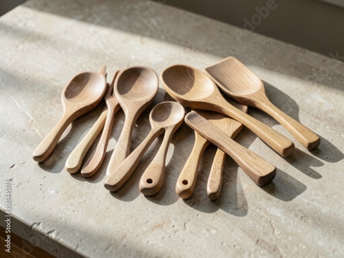 Foto Set of assorted wooden kitchen utensils on a textured stone countertop