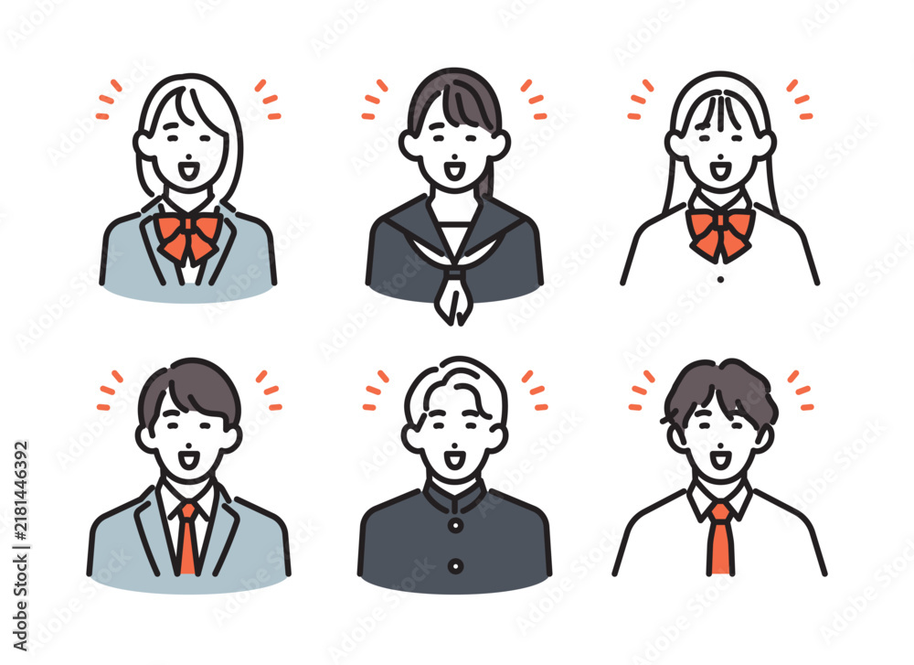 Fototapeta premium シンプル イラスト 制服を着た笑顔の男女の学生セット ベクターイラスト