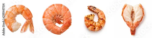 Obraz  z motywem Cooked shrimp set isolated on white background with boiled, curled, grilled, and butterfly cut prawns arranged in a neat row for culinary menus, seafood packaging, and cooking design