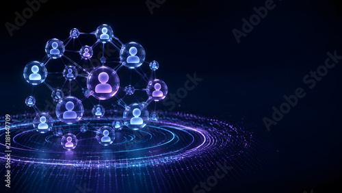 Glowing glass network of connected people spheres forming digital community above ripple technology background light effect