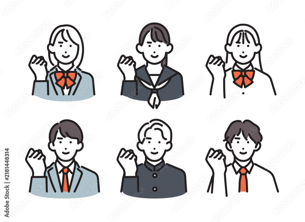 Fototapeta premium シンプル イラスト 気合いを入れる男女の学生6人セット ベクターイラスト
