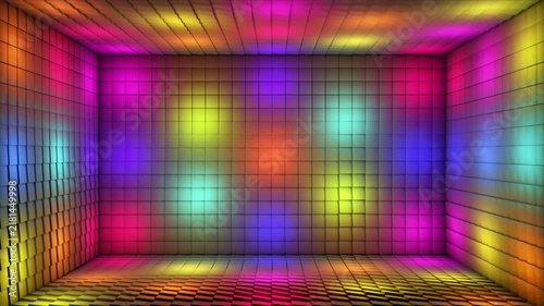 Broadcast Pulsating Switching Hi-Tech Illuminated Cubes Room Stage, Multi Color, Events, 3D, Loopable, 4K